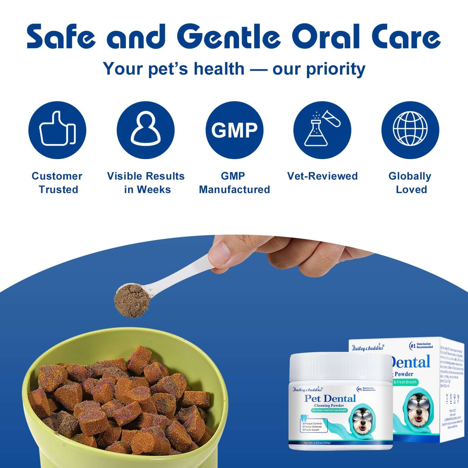 Pet dental care products with a hand holding a spoon over a bowl of dog food, featuring icons and text about product safety and quality.