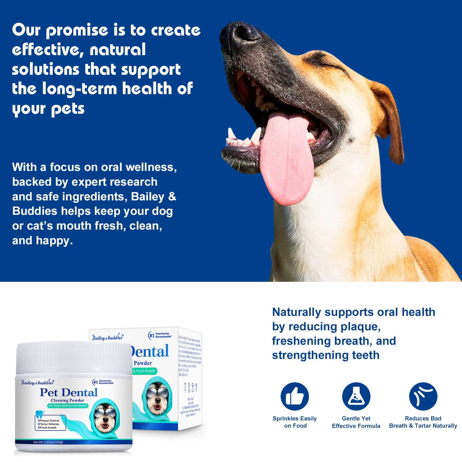 Dog with open mouth showing teeth, promotional text, and pet dental products on a blue background