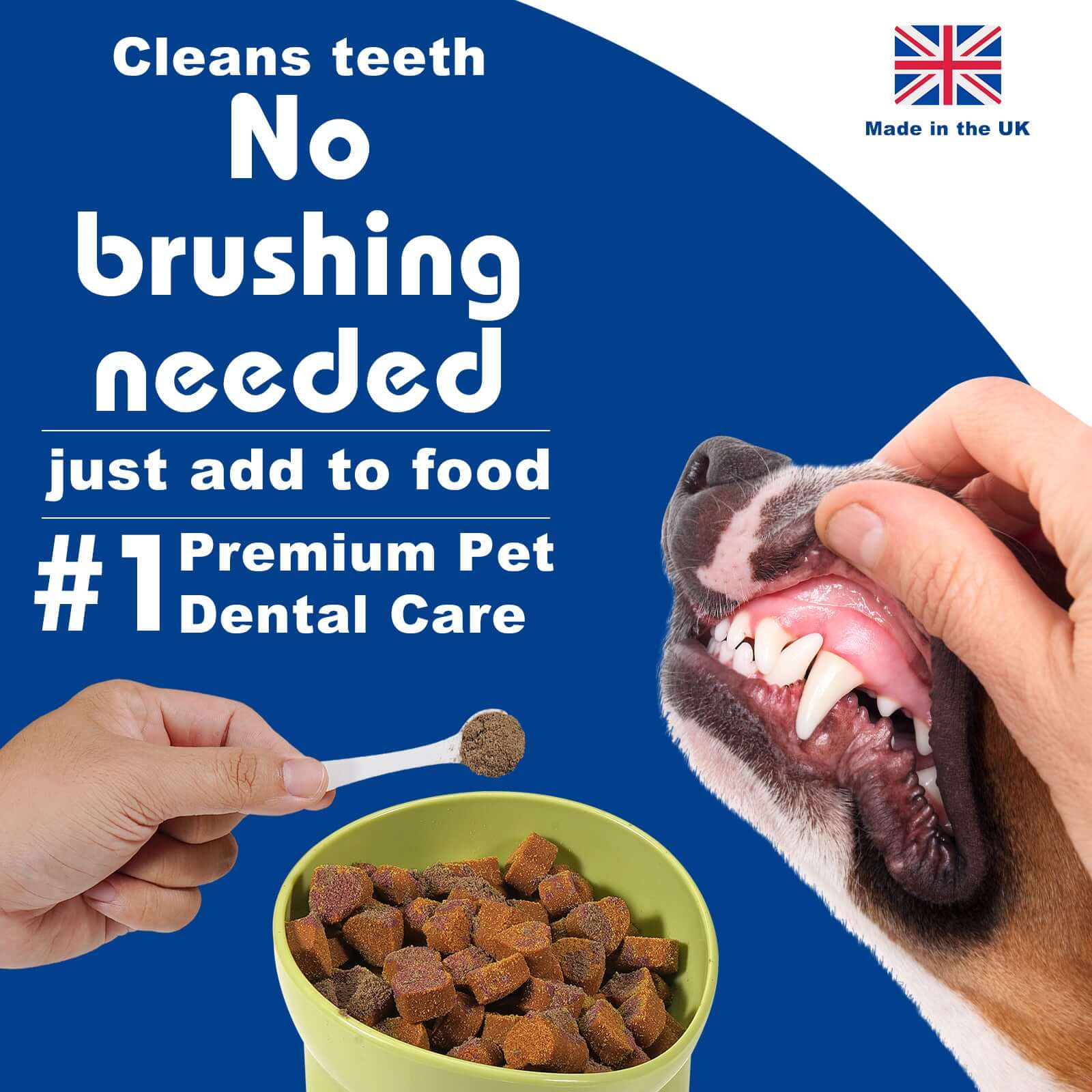 Dog being fed a treat with text about dental care product, made in the UK.
