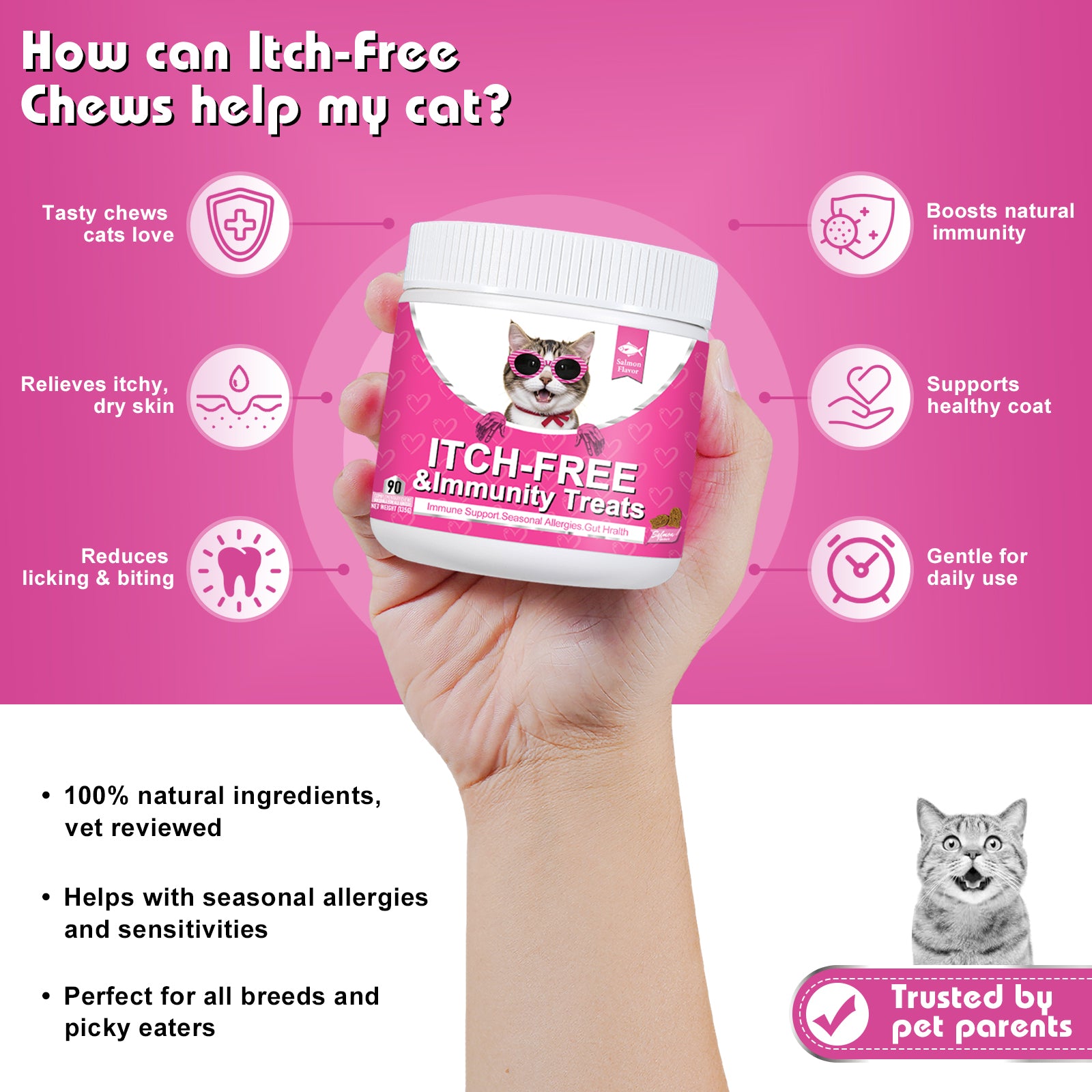 Bailey & buddies Cat Itch & Allergy Relief Treats – Natural Supplement with Salmon Oil, Probiotics & Turmeric – Stop Scratching, Licking & Over-Grooming – Skin & Immune Support – 90 Chews