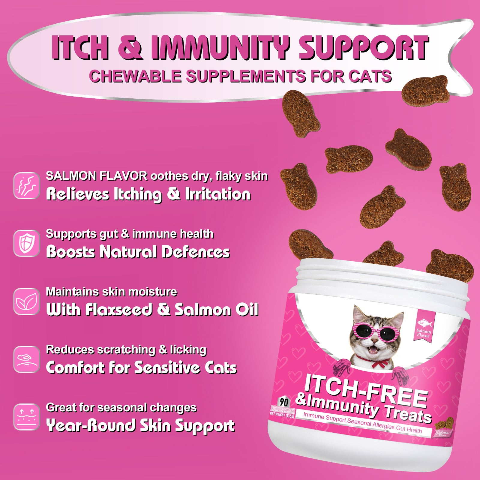 Bailey & buddies Cat Itch & Allergy Relief Treats – Natural Supplement with Salmon Oil, Probiotics & Turmeric – Stop Scratching, Licking & Over-Grooming – Skin & Immune Support – 90 Chews