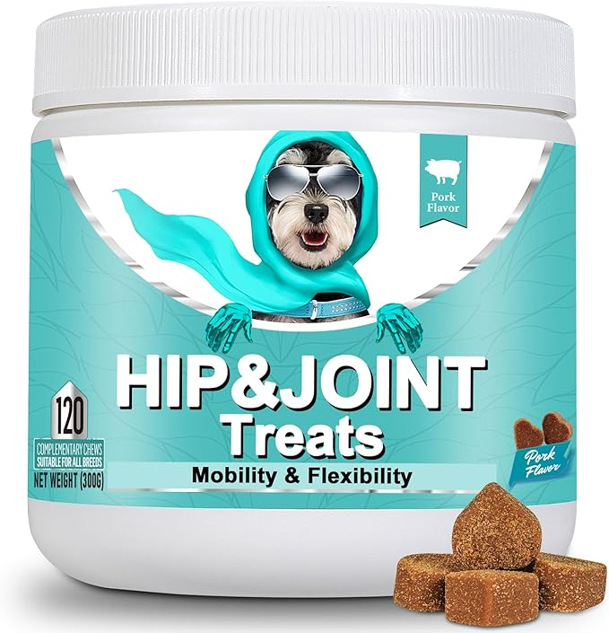 Hip and joint treats for dogs with a cartoon dog on the packaging