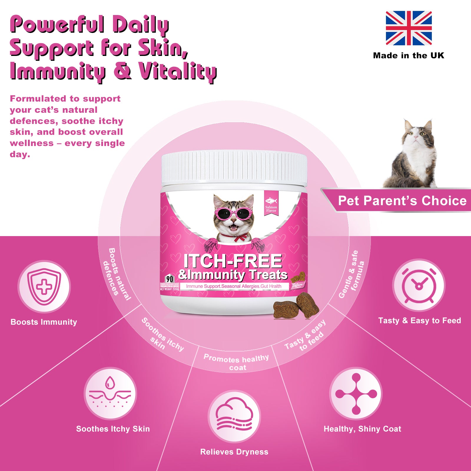Bailey & buddies Cat Itch & Allergy Relief Treats – Natural Supplement with Salmon Oil, Probiotics & Turmeric – Stop Scratching, Licking & Over-Grooming – Skin & Immune Support – 90 Chews