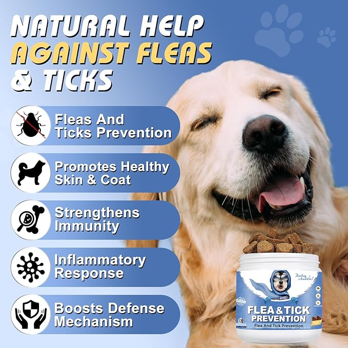Dog with a bowl of treats and a product container labeled 'Flea & Tick Prevention' on a blue background with text about product benefits.