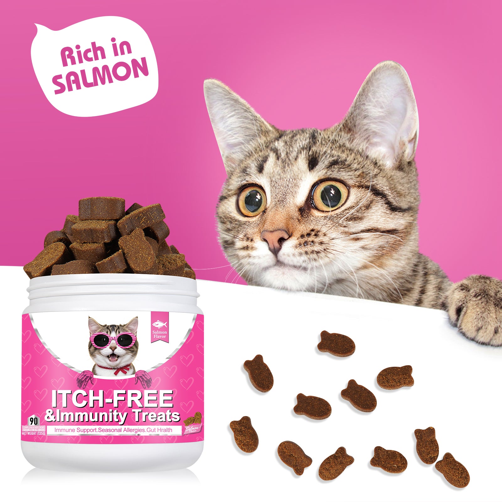Bailey & buddies Cat Itch & Allergy Relief Treats – Natural Supplement with Salmon Oil, Probiotics & Turmeric – Stop Scratching, Licking & Over-Grooming – Skin & Immune Support – 90 Chews