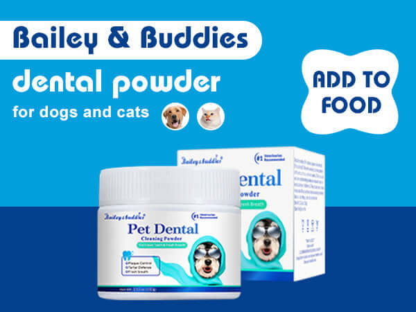 Bailey & Buddies dental powder packaging for dogs and cats on a blue background