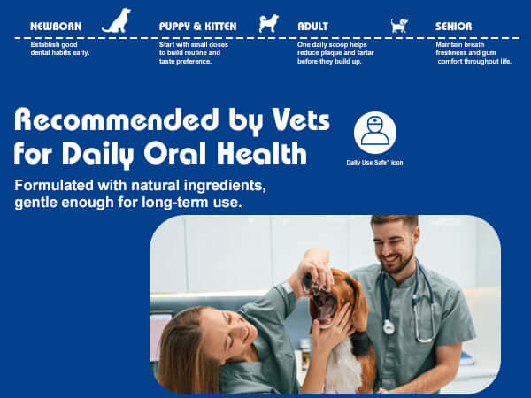 Advertisement for pet oral health product with a vet and pet owner holding a dog.