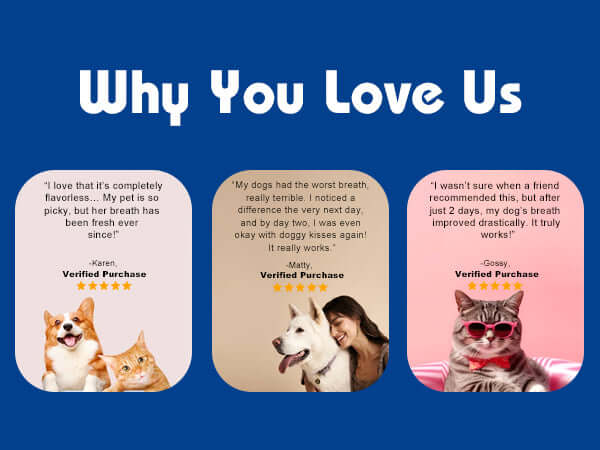 Promotional graphic with customer testimonials on a blue background