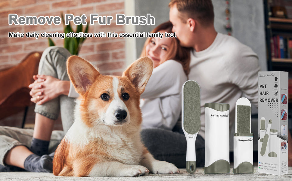 Pet hair remover with a family and dog in the background