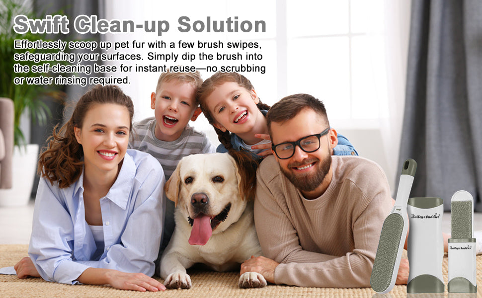 Family with a dog lying on the floor next to cleaning products, with text about a swift clean-up solution.