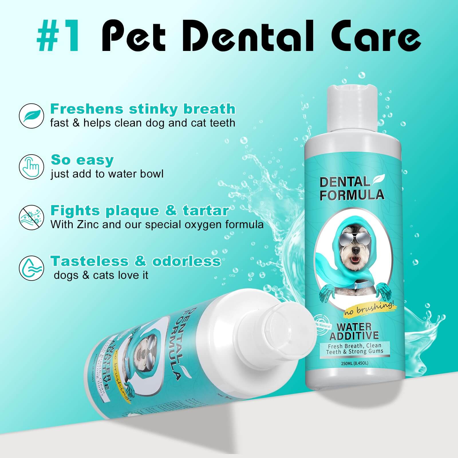 Pet dental care product with bottle and tube on a teal background