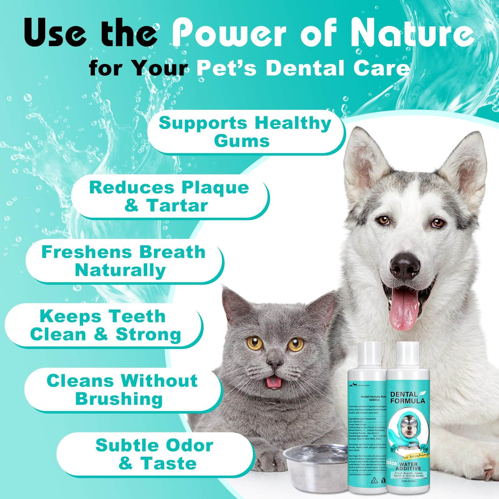 Pet dental care product with a dog and cat on a blue background