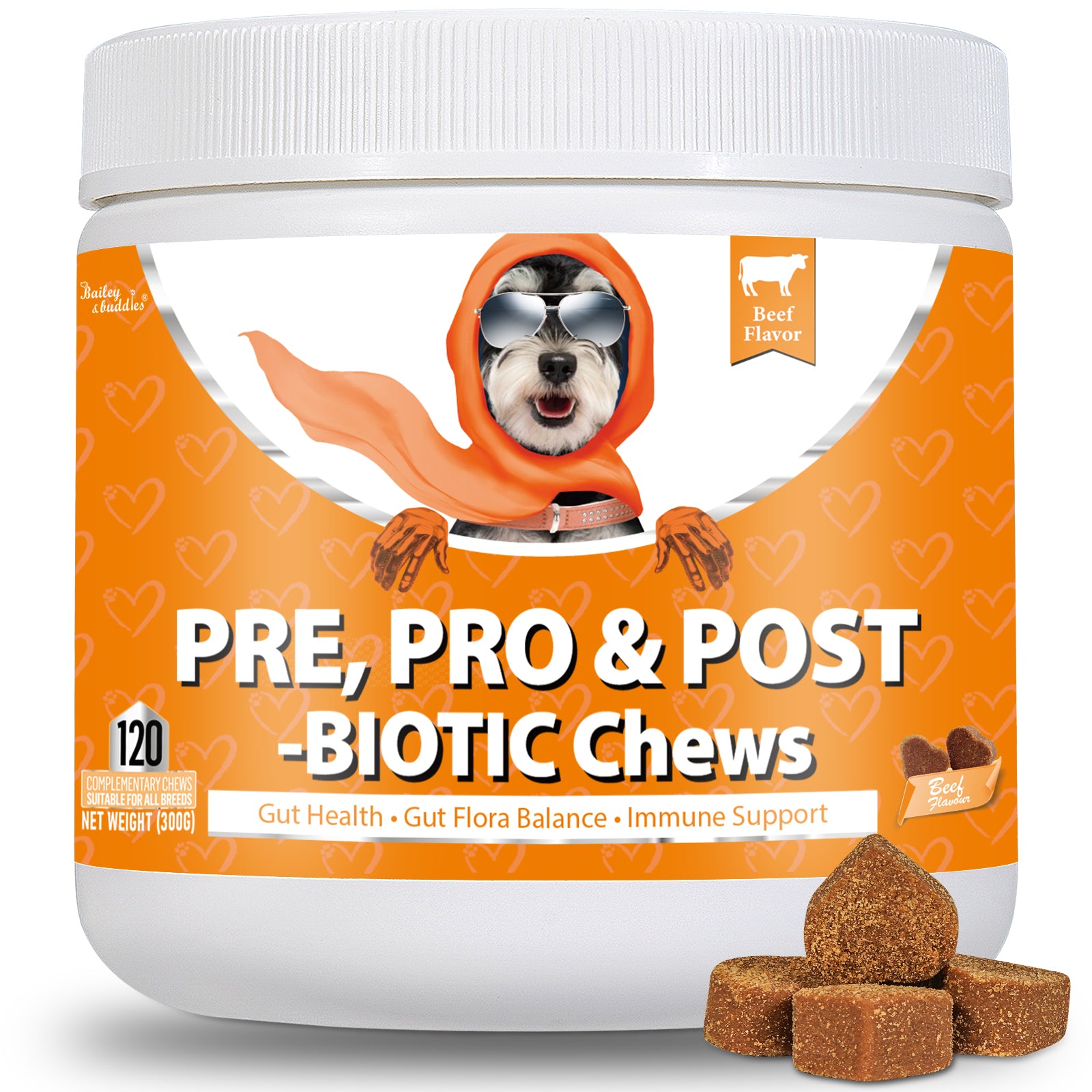 Container of pre, pro & post-biotic chews for dogs with a cartoon dog in an orange hoodie on the label.